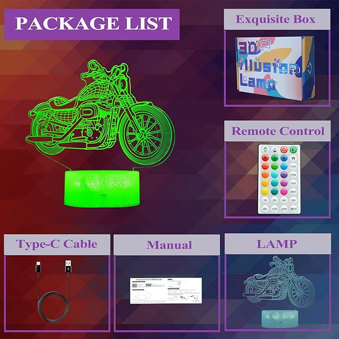 Motorcycle Gifts, Motorcycle Night Light, Motorbike 3D Illusion Lamp, 16 Colors Changing, Timer, 4 Flash Modes and Dimmable，LED, Kids Room Decoration, Xmas Birthday Gifts - Bloomnest