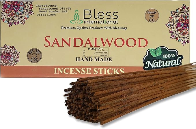Bless-Sandalwood 100%-Natural-Handmade-Hand-Dipped-Incense-Sticks Organic-Chemicals-Charcoal-Free Purification-Relaxation-Positivity-Yoga-Meditation Best-Woods-Scent (80 Sticks (4.20 OZ)) BlessInternational