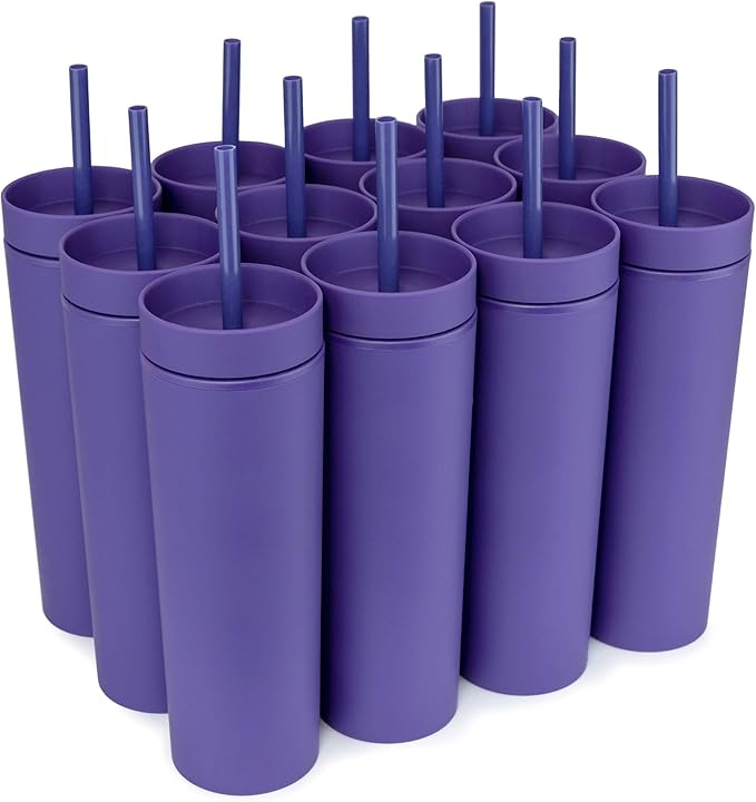 STRATA CUPS Purple Skinny Tumblers with Lids and Straws (12 pack) - 16oz Double Wall Acrylic Tumbler, Tall Matte Skinny Tumblers, Bulk with Free Straw Cleaner, Reusable Cups - Bloomnest
