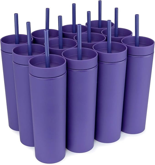 STRATA CUPS Purple Skinny Tumblers with Lids and Straws (12 pack) - 16oz Double Wall Acrylic Tumbler, Tall Matte Skinny Tumblers, Bulk with Free Straw Cleaner, Reusable Cups - Bloomnest