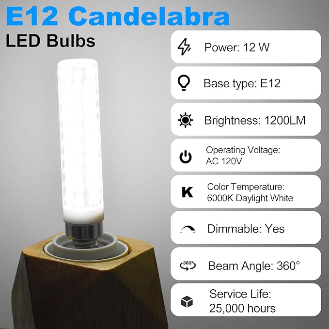 E12 100W 120V Dimmable Replacement LED Bulbs C7, Daylight White 6000K 1200LM, T6 E12 12W LED Chandelier Light Bulbs for Ceiling Fan, Salt Lamp Pendant Lighting, Pack of 2 - Bloomnest