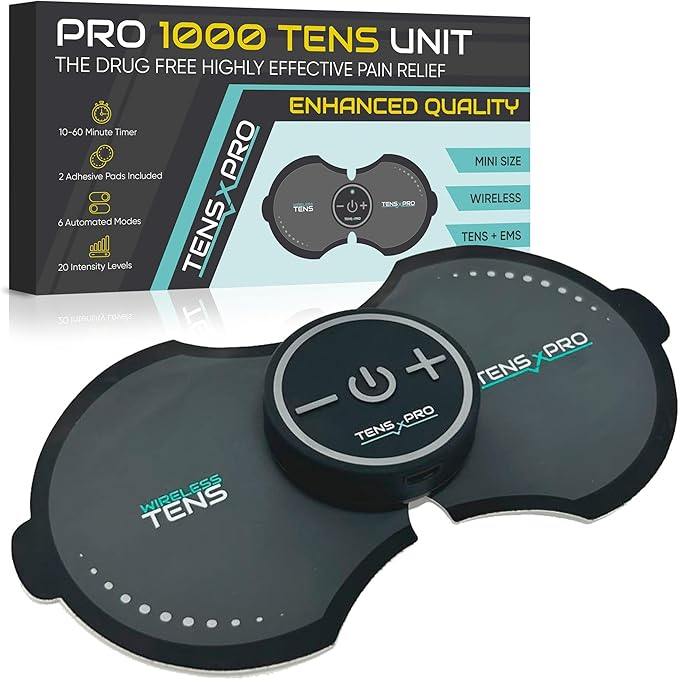 Pro 1000 Wireless Tens Unit for Pain Relief - Mini Tens Massager Portable Electric Muscle Stimulator - Deep Tissue EMS Pain Management Device - Pulse Therapy for Back Shoulder Neck Leg Arm (2 Pads) Tens+X+Pro