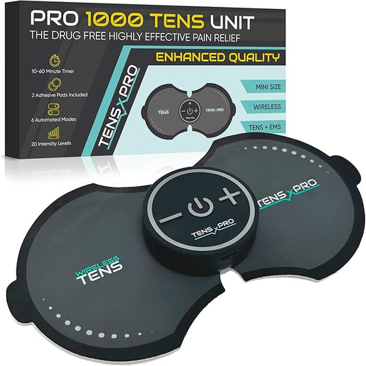 Pro 1000 Wireless Tens Unit for Pain Relief - Mini Tens Massager Portable Electric Muscle Stimulator - Deep Tissue EMS Pain Management Device - Pulse Therapy for Back Shoulder Neck Leg Arm (2 Pads) Tens+X+Pro