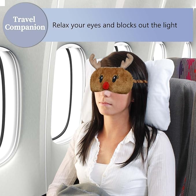 Christmas Reindeer Sleep Mask Cute Antler Eye Masks Sleeping Soft Plush Cartoon Blindfold Funny Animal Eye Cover Xmas Presents for Kids Girls and Adult (Xmas Reindeer,Brown) - Bloomnest