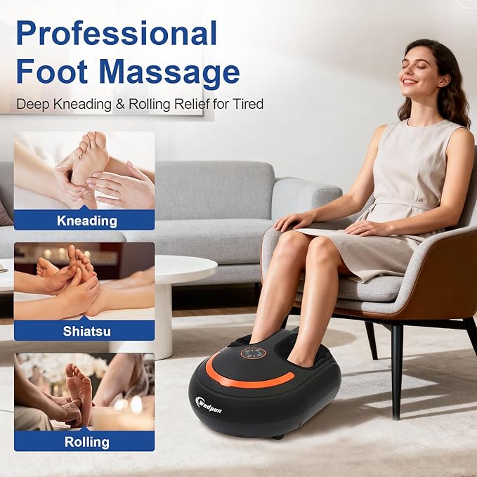 Shiatsu Foot Massager Electric Feet Massage Machine Deep Kneading Relief for Plantar Fasciitis, Air Compression, 3 Heat Levels Relax for Home Office Use, Christmas Gifts for Women Mom Dad Black - Bloomnest