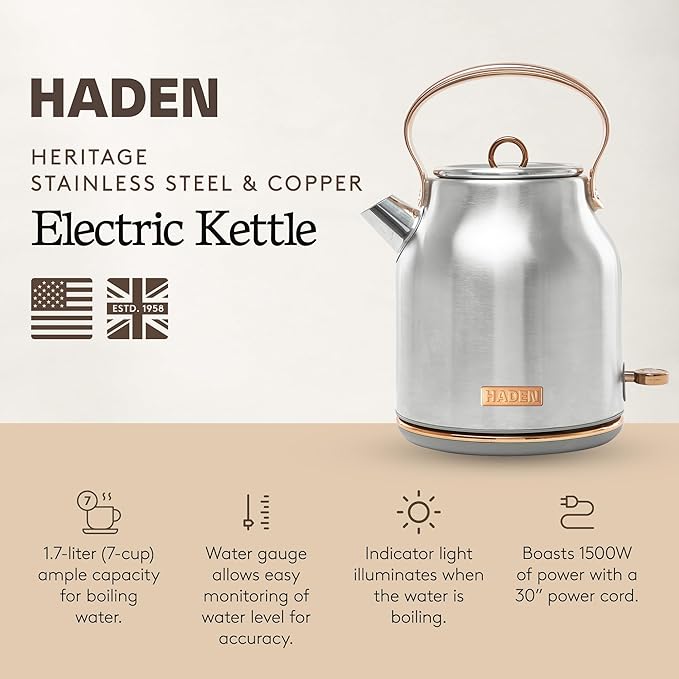 Haden Heritage 1.7 Liter Stainless Steel Electric Kettle, Hot Water Kettle with 360-Degree Base and Auto Shutoff, Steel & Copper - Bloomnest