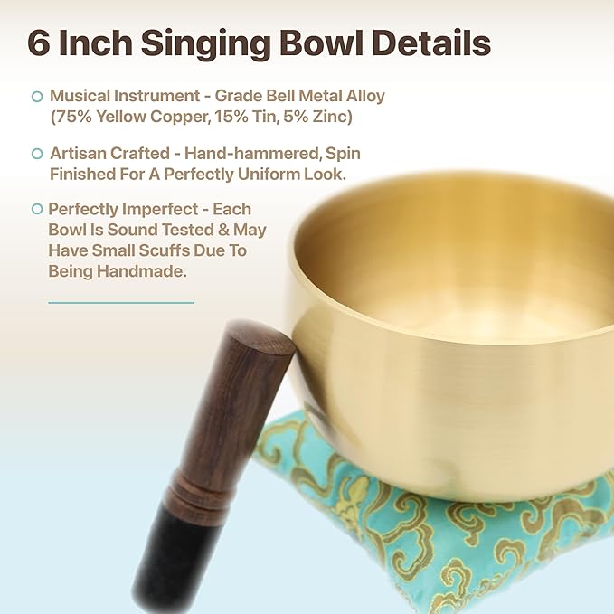 Large Tibetan Singing Bowl Set – 6 Inch Sound Bowl for Yoga, Meditation, Stress Relief, Healing & Chakra Balancing – Long Pure Resonance – Includes Mallet & Cushion – ZenGolden Bowl - Bloomnest