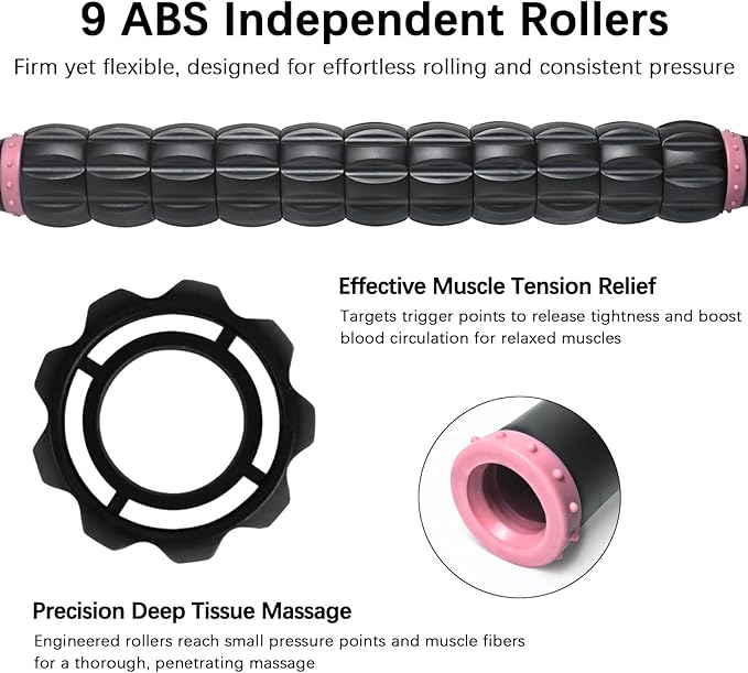 Muscle Roller Massage Roller Stick- Deep Tissue Fascia Blaster for Myofascial Pain Relief, Lymphatic Drainage & Body Sculpting, Handheld Physical Therapy & Recovery Tool (Pink black-18 inch) - Bloomnest