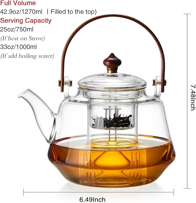 40oz Glass Teapot with Anti-Drip Spout, Peach Wood Handle and Lid, Heat-Resistant Borosilicate Glass, Dual Infusers for Steaming and Boiling - Bloomnest
