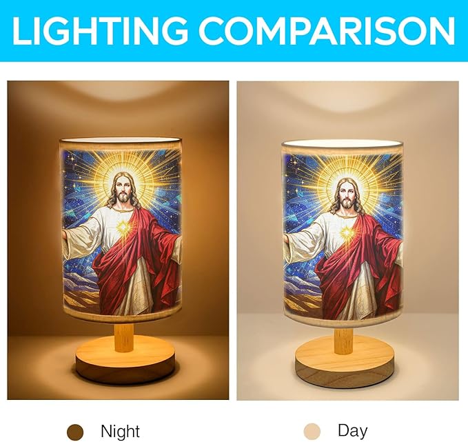 Jesus Christ Table Lamp LED 3-Color Pressed Bedside for Merry Christmas, Jesus Christ Shade Christmas Table Lamp with Wood Base for Bedroom Living Room Desk Office - Bloomnest