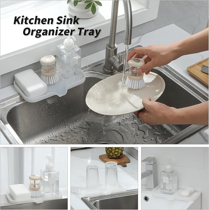 Silicone Bathroom Soap Dishes with Drain Spout-Bathroom and Kitchen Sink Organizer,Sponge Holder,Dish Soap Tray,Perfect for Dispenser,Scrubber,Bottle,Cup on Counter Translucent 9.6"×5.3" - Bloomnest