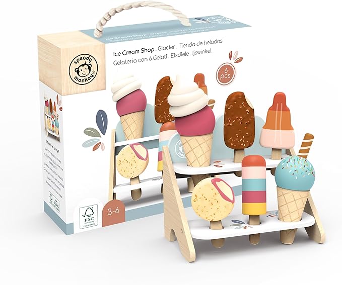 SPEEDY MONKEY Wooden Ice Cream Shop Playset – FSC Certified Pretend Dessert Stand for Kids, Role Play Popsicle Toy Counter, Cones & Scoops Cart, Sweet Treat Ice Cream Parlour for Toddler, Boys & Girls - Bloomnest