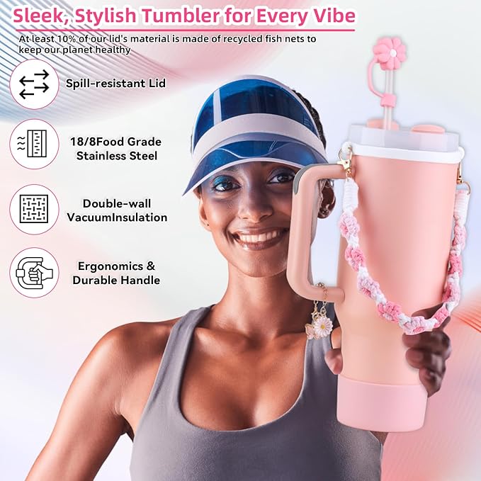 40 oz Tumbler Insulated Mug w/Straw & Flip Cap Lids - Cup Holder Bottle with 6 Accessories Set for Hot, Cold Drink - Leak-Proof - Water, Coffee Portable Travel Mug (Coral) - Bloomnest