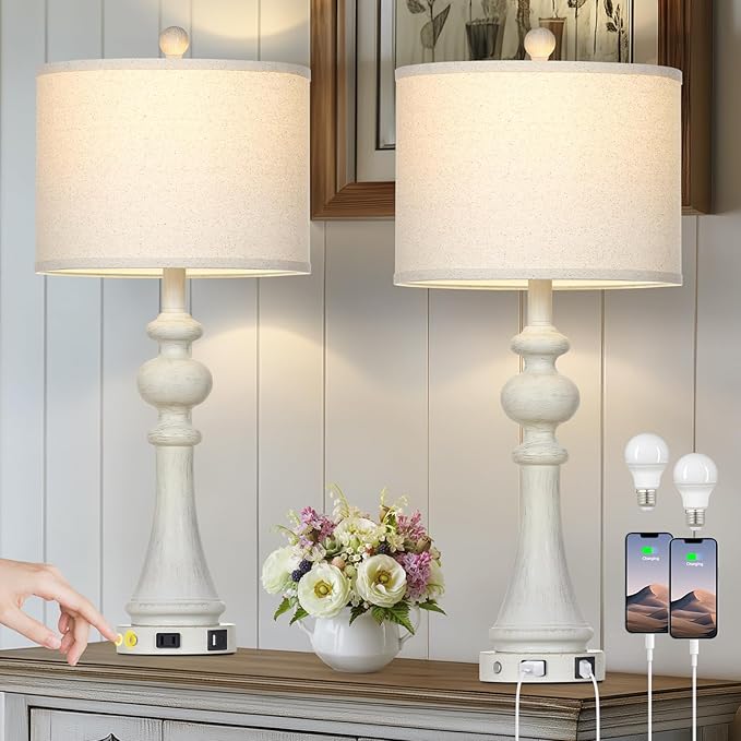 28" Farmhouse Lamps Set of 2, Vintage 3-Way Dimmable Touch Control Table Lamps with USB A+C Fast Ports & AC Outlets, Rustic Traditional Classic Bedside Nightstand Lamps for Living Room Bedroom White - Bloomnest
