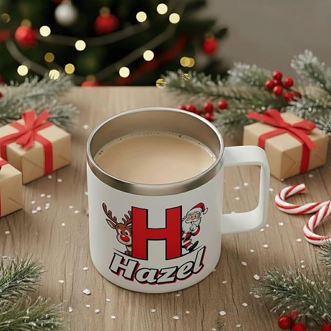 Personalized Christmas Mug with Name Initial - Cute Peekaboo Santa & Reindeer 12oz Insulated Stainless Steel Coffee Cup Tumbler with Handle & Lid - Fun Holiday Xmas Gifts for Kids, Girls (B170) - Bloomnest