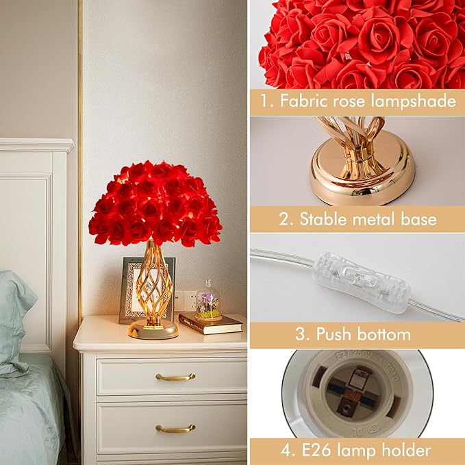 Red Rose Flowers Lamp Artificial Flower Table Lamp Bouquet Desk Lamp Romantic Princess Nightstand Petal Light for Valentines Mother's Day Bedside Lamp Wedding Deco Party Home Bedroom - Bloomnest