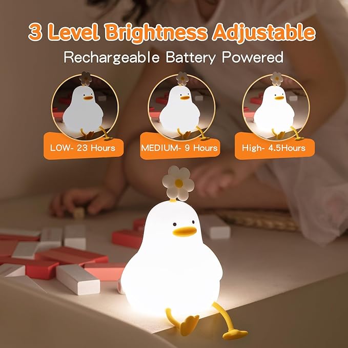 Cute Duck Night Light for Baby, Kids, Toddler, Ambient Nursery Nightlight, Soothing Lamp 3 Level Dimmable, Sleeping Accompanion for Bedroom Bedside, Rechargeable Battery, 30 Min Timer Off - Bloomnest