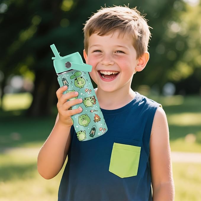 Frog Gifts for Kids - 16oz Cute Green Frog Water Bottle with Straw Lid, Stainless Steel Insulated Tumbler, Leakproof, BPA-Free, for Boys & Girls, School - Animal Frogs Lovers Birthday Gift Cup (1pc) - Bloomnest