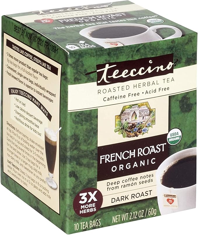 Teeccino French Roast Herbal Tea - Rich & Roasted Herbal Tea That’s Caffeine Free & Prebiotic for Natural Energy, Coffee Alternative, 10 Tea Bags - Bloomnest