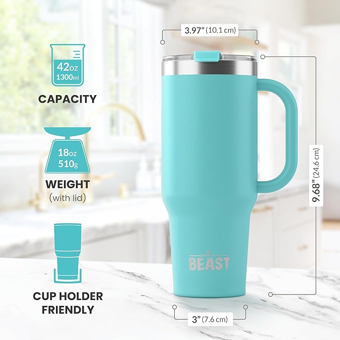 Beast 42 oz Tumbler Stainless Steel Vacuum Insulated Coffee Ice Cup Double Wall Travel Flask (Aqua Blue) - Bloomnest
