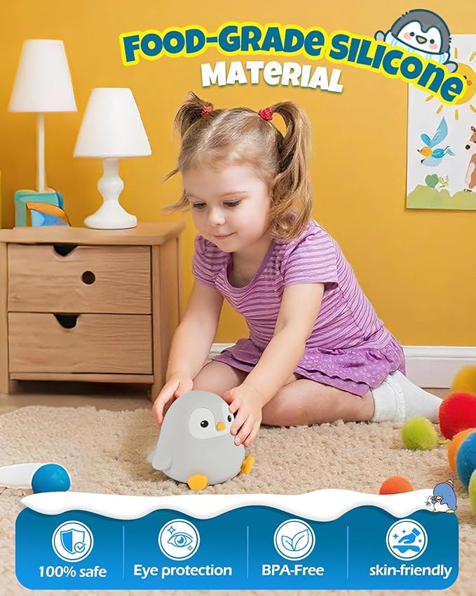 Cute Penguin Night Light, Animal Lamp, Food Grade Silicone, Rechargeable, 2 Level Dimmable, Squishy Nursery Nightlight for Desk Decor, Funny Gifts Stuff for Boys Girls Baby, White Elephant Gifts - Bloomnest