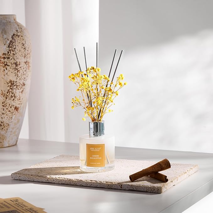 Airkeep Reed Diffuser Set,3.38 fl oz (100 ml) - Lemon Eucalyptus Oil Diffusers with 8 Reed Sticks, Home Fragrance Reed Diffuser for Bathroom Shelf Decor