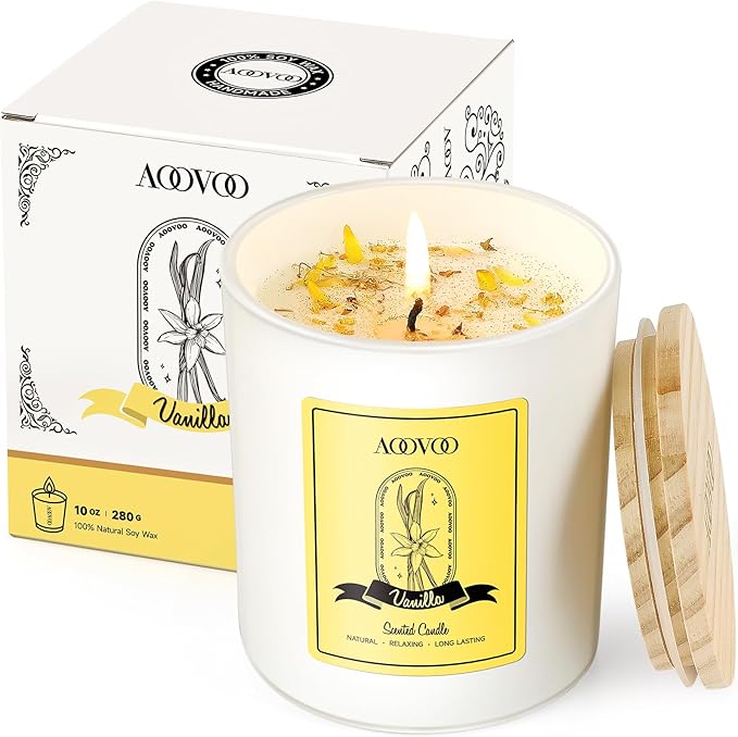 AOOVOO Vanilla Scented Candles for Women - Aromatherapy Candle with Crystals Inside, 10oz Soy Candles for Home Scented, Birthday Gifts Christmas Candle for Women Mom - Bloomnest