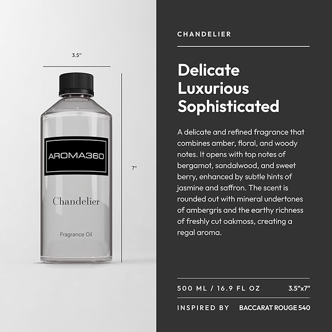 Aroma360 - Chandelier Fragrance Oil Blend | Hotel Inspired for Luxury Essential Oil Diffusers | Aromatherapy Scent Diffuser Oil | Bergamot, Woodsy Sandalwood, and Flirtatious Saffron - 500ML - Bloomnest