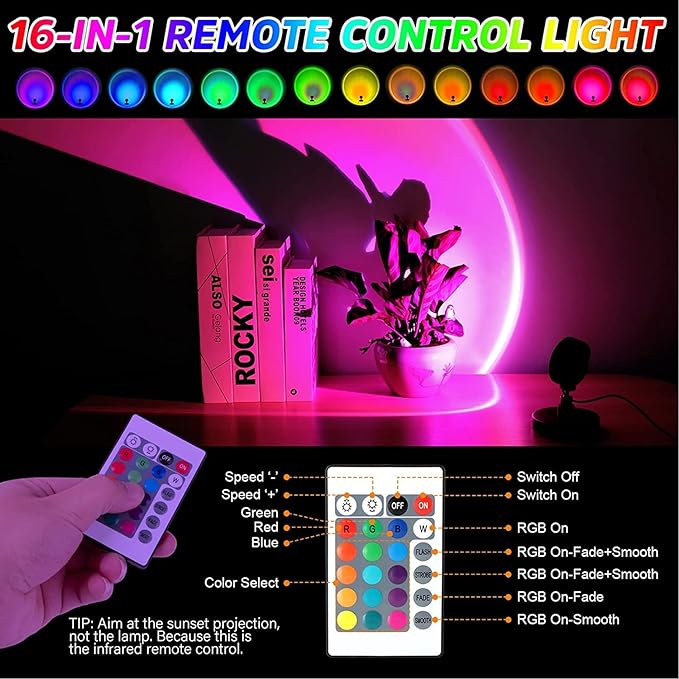 Balkwan Sunset Lamp Projection Rotation Rainbow Projection Lamp Led Romantic Visual Led Light Network Red Light with USB Modern Floor Stand Night Light Living Room Bedroom Décor (Multicoloured) - Bloomnest