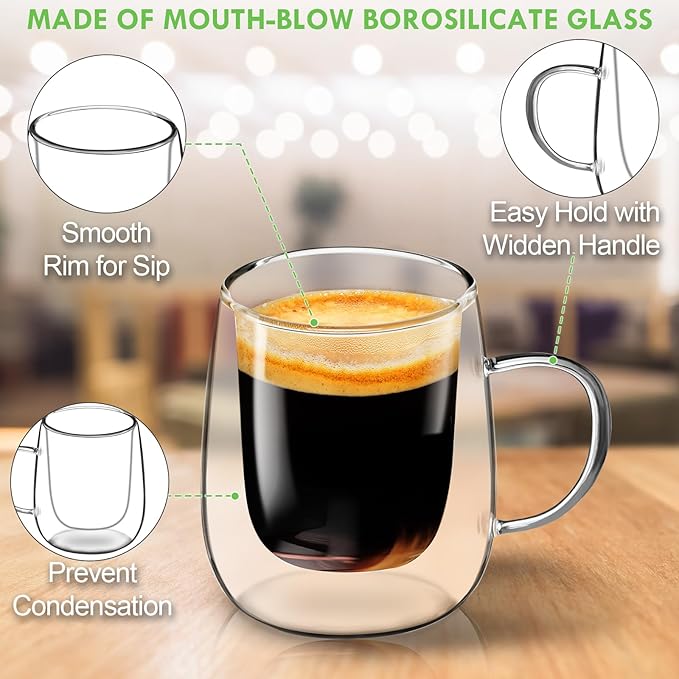 Glass Coffee Cups Set of 2, 13oz Double Walled Glass Mugs with Handles, Clear Insulated Coffee Mug Espresso Cups, Cappuccino Latte Tea Cups Set, Heat Resistant Borosilicate Clear Glasses - Bloomnest