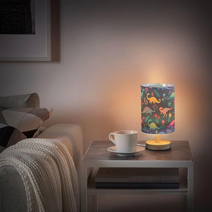 Table Lamp Dinosaur Floral Pattern Nightstand Lamp with Wood Base Fabric Lamp Shade Bedside Desk Lamp for Living Room Bedroom Kids Room Office - Bloomnest
