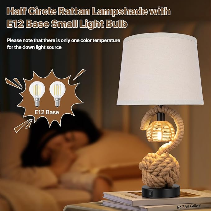 22" Rope Lamps for Night Stands, Dual-Lights Bedside Lamps Set of 2, Boho Table Lamps for Living Room, 3-Color Temperatures Boho Lamp with Rotary Switch, Rattan Lamp with USB Ports, 4 Bulbs Included - Bloomnest