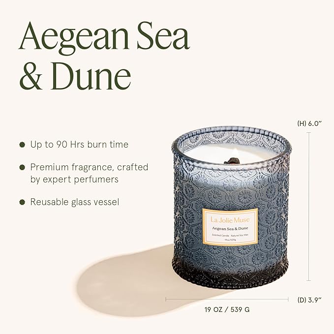 LA JOLIE MUSE Aegean Sea & Dune Candle –Cool Water, White Florals & Warm Amber | 19 oz Large Wooden Wick Candle | Natural Soy Wax | 90 Hours Clean Burn | Gift-Ready for Hosts & Gatherings - Bloomnest