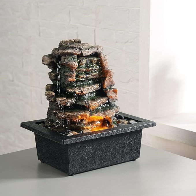 GOSSI Home Décor Waterfall Meditation Fountain Indoor Tabletop Many Natural River Rocks Decorated Office Home Tabletop Fountion with LED Lights Christmas Decorations - Bloomnest