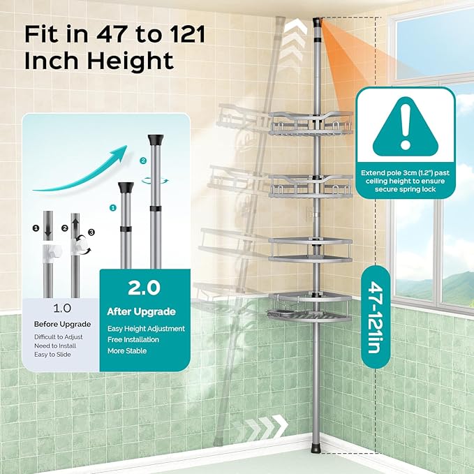 HAMITOR Corner Shower Caddy Tension Pole: Rustproof 4-Tier Bathroom Organizer Shelves for Bathtub Shampoo Storage - 47-121 Inch Quick Install Adjustable Rod Standing Rack with Soap Rack - Silver Gray | Rustproof, Quick Install, Adjustable Rod, Soap Rack - Bloomnest