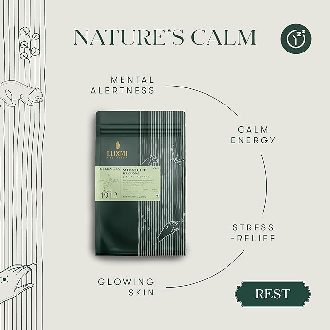 Luxmi Estates Midnight Bloom Organic Jasmine Tea (50 Tea Bags) Mildly Caffeinated Tea Bags For Relaxing, Calming, and Stress Relief, With Certified Organic Darjeeling Makaibari Green Tea - Bloomnest