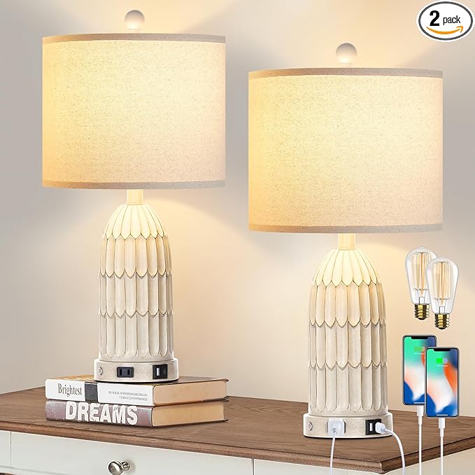 Farmhouse Table Lamps Set of 2, 3-Way Dimmable Touch Lamp for Bedroom Nightstand with USB A+C Ports & AC Outlet, White Vintage Boho Bedside Lamp for Living Room End Table (Bulbs Included) - Bloomnest