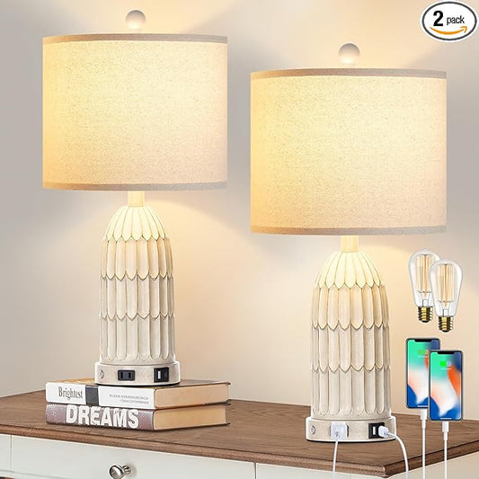 Farmhouse Table Lamps Set of 2, 3-Way Dimmable Touch Lamp for Bedroom Nightstand with USB A+C Ports & AC Outlet, White Vintage Boho Bedside Lamp for Living Room End Table (Bulbs Included) - Bloomnest