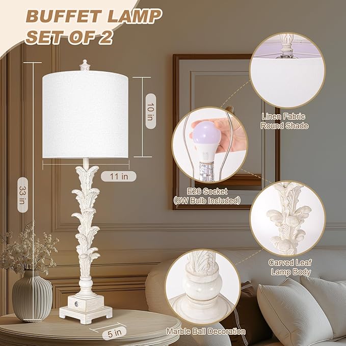 Vintage Table Lamps Set of 2, 3-Way Dimmable Touch Buffet Lamps with 2 USB Ports, 33'' Bedside Nightstand Lamps with Linen Shades, Rustic Farmhouse Table Lamps for Living Room Bedroom, Washed White - Bloomnest
