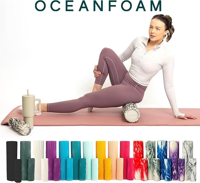Oceanfoam Ripple Travel Foam Roller (11" x 3.35") Firm Mini Foam Roller for Physical Therapy, Deep Tissue Massage, Back Pain - High Density, Ergonomic Wave Textured - Yoga, Exercise (Black Marbled) - Bloomnest
