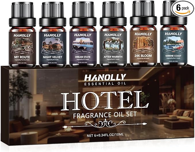 Hotel Diffuser Oils Gift Set - 6x10ML Luxury Hotel Scent Essential Oils Set for Diffuser, Candle Making - My Route, Serene Coast, Night Velvet, 24K Bloom, Dream State, After Warmth Fragrance Oil - Bloomnest