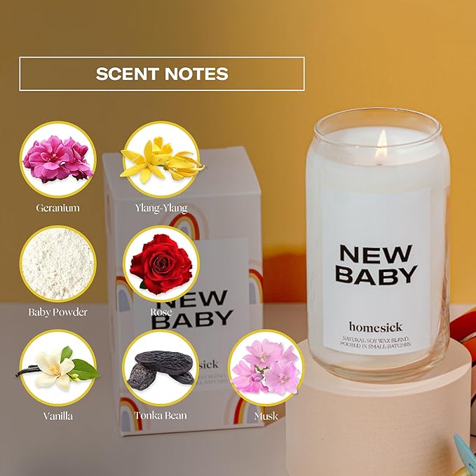 Homesick Scented Candles for Home (New Baby) - 13.75 oz Long-Lasting Natural Soy Wax Blend Jar Candle Gifts & Couples Baby Shower Favors, 60-80 Hours Burn Time - Notes of Geranium & Vanilla - Bloomnest