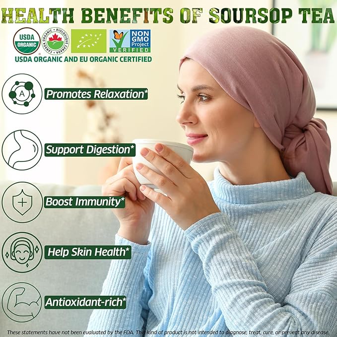 USDA Organic Soursop Leaves Tea Bags, 100% ORGANIC and Pure Soursop Graviola Leaves - Hojas De Guanabana Tea - Non-GMO - Caffeine-free - Improve Digestion, Support Healthy Skin & Sleep, Eco-Conscious Corn Fiber Tea Bags. Organic Graviola Tea - Bloomnest