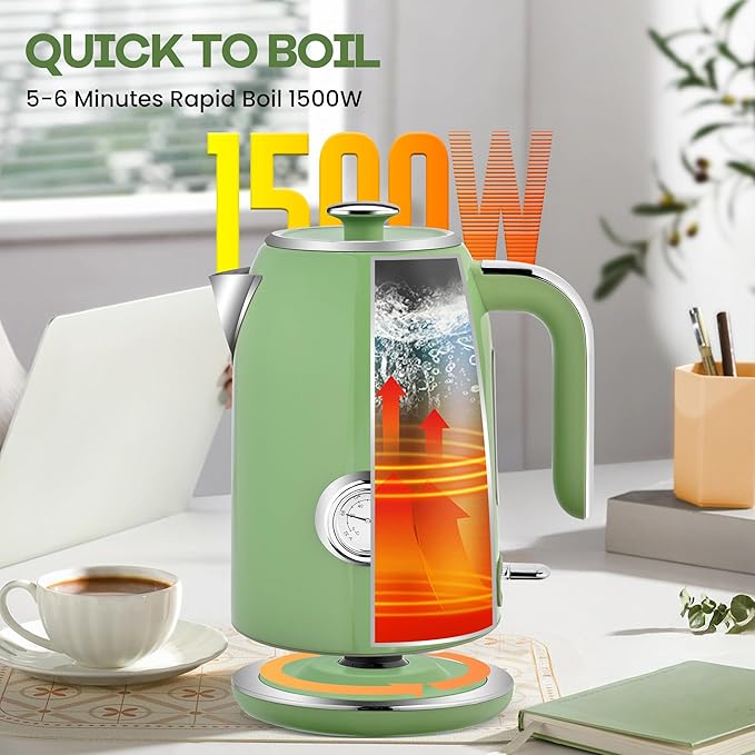 Pukomc Electric Kettle,1.7L Stainless Steel Electric tea kettle with Temperature Gauge, Fast Boiling, Auto Shut - off, BPA - Free, Boil - Dry Protection, (Retro Green) - Bloomnest