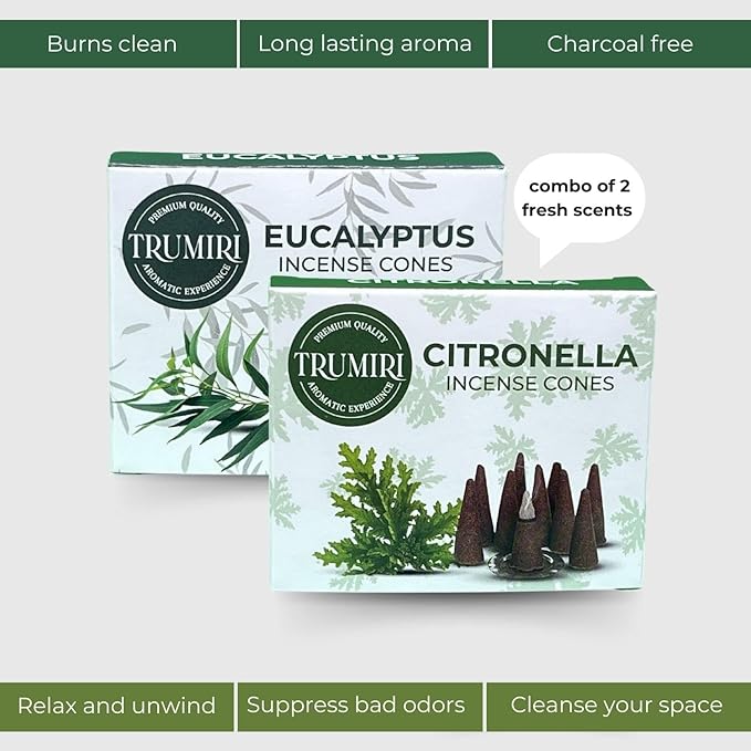TRUMIRI Incense Cones - Combo Pack of 20 - 10 Citronella + 10 Eucalyptus Scented Cones TRUMIRI