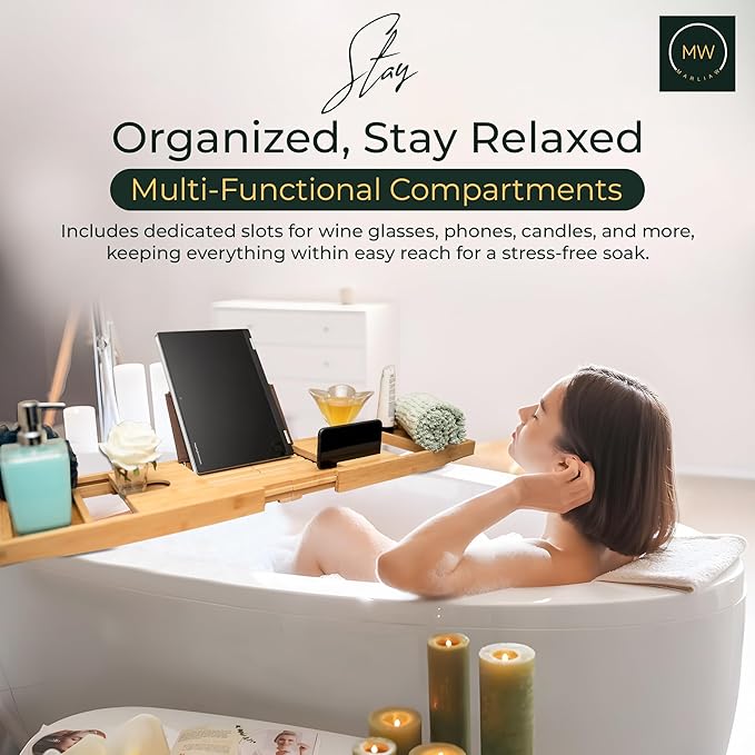 Luxury Foldable Bamboo Bathtub Tray - Wine Glass and Tablet Holder, Spa Bath Caddy for Relaxation, Gifts for Her, Him, Couples, Adjustable and Waterproof, Perfect for Birthdays, Weddings, Housewarming - Bloomnest