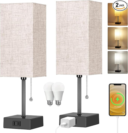 Table Lamp for Bedroom set of 2,3-Color Bedside Lamps with Pull Chain Table Lamps for Nightstand with AC Outlets,Night Light Lamps with 2 Bulbs Lamps for Living Room Kids Office Decor（Black+Cream） - Bloomnest