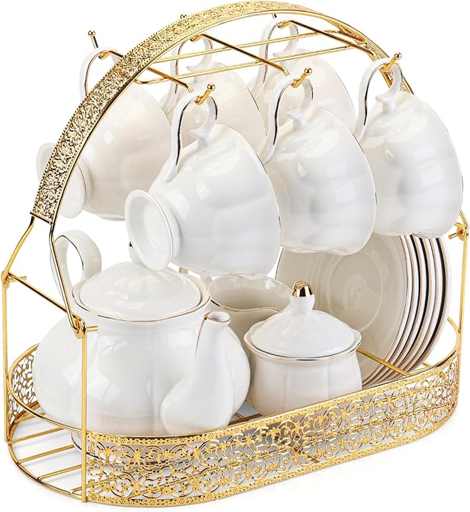 CHENP.HMC Tea Set 22-Piece Porcelain Ceramic Coffee Tea Gift Sets Cups Saucer Service for 6 Teapot Sugar Bowl Creamer Pitcher and Teaspoons (WHITE3) - Bloomnest