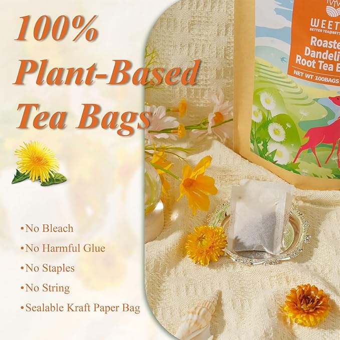 WT WEETEE Roasted Dandelion Root Tea Bags, 100 Count Dandelion Tea with Light Earthy & Roasted Aroma, Natural Caffeine Free Herbal Tea, Coffee Alternatives - Bloomnest