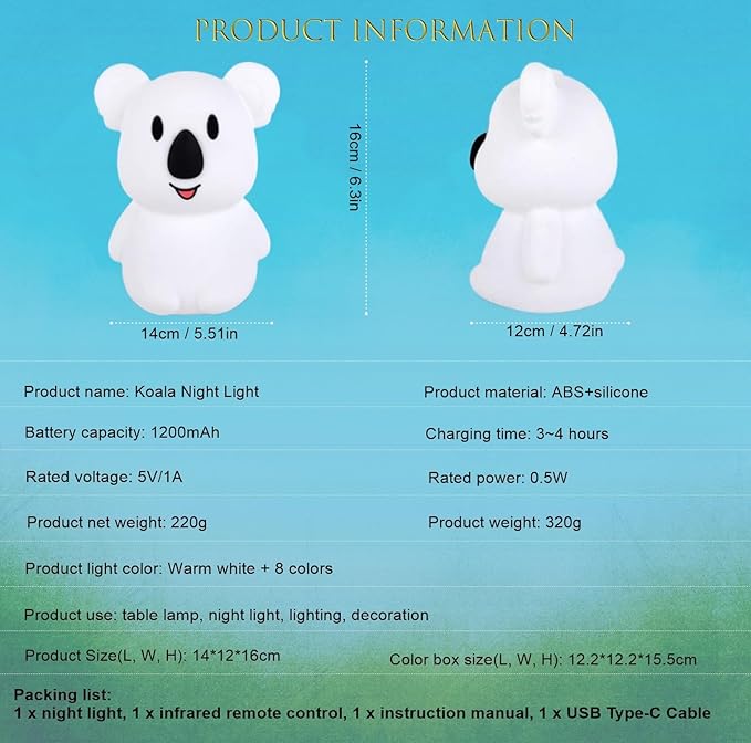 Large Koala Night Lights for Kids Room Bedside lamp Bedroom Mood Light - Break Resistant, Eye Caring, Adjustable Brightness & Color and Time Setting, Holiday Children's Gift - Large - Bloomnest